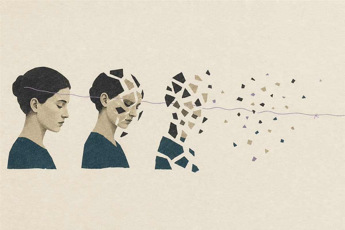 A human figure gradually fragmenting while a single thread remains intact