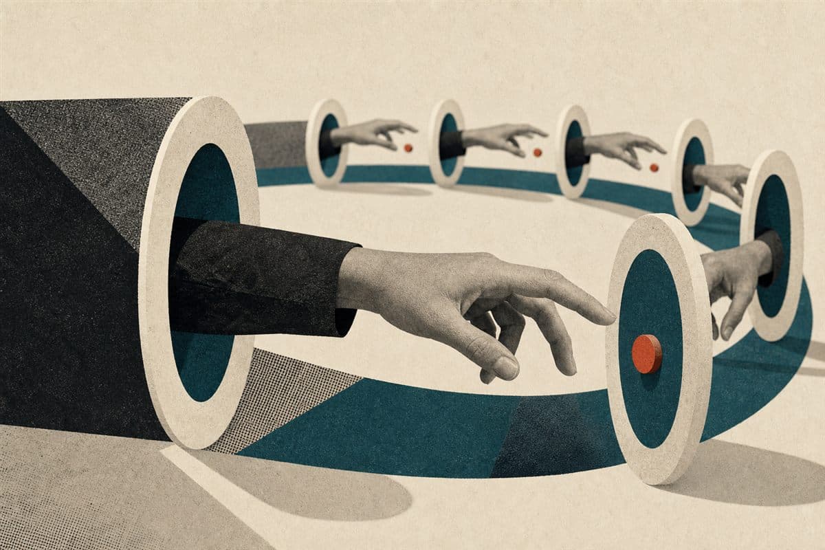 A hand repeating the same motion through a sequence of circular openings