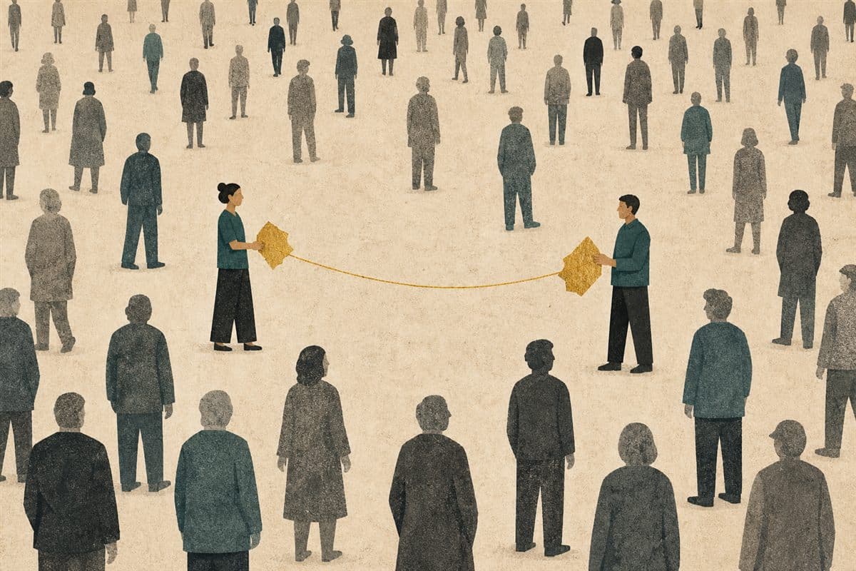 Two distinct people finding each other across a crowded field through one shared golden thread
