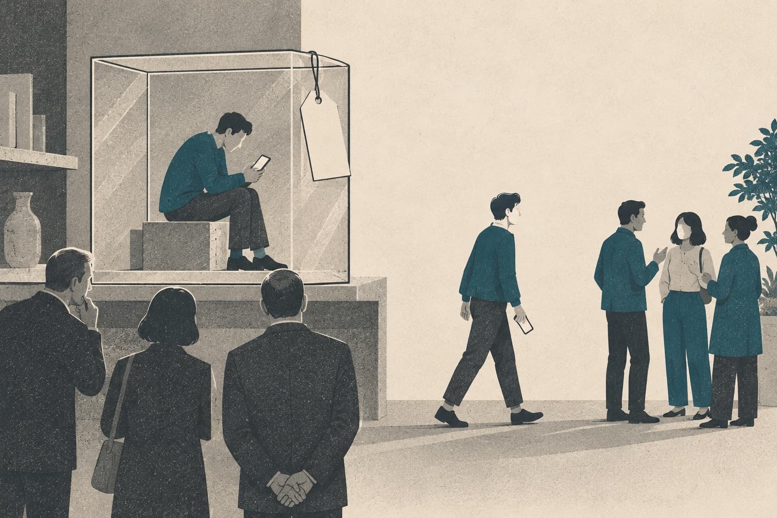 A person absorbed in a phone sits in a glass box on a shop shelf while people in suits look them over; the same person walks out toward real people