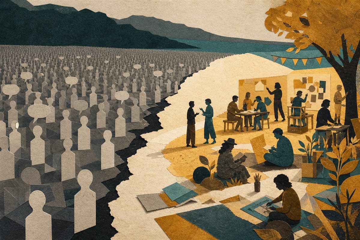 Real people gathering in a warm human space beyond a field of identical synthetic figures