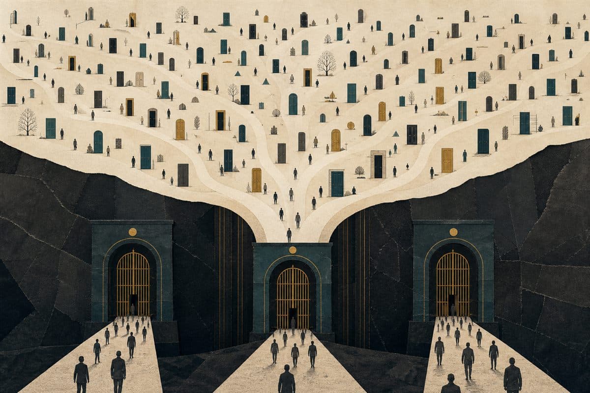 Hundreds of independent doors funneling toward three monumental gates