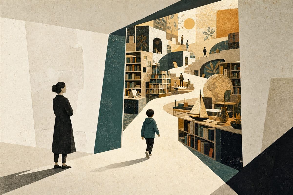 A child entering a luminous library-like internet while an adult watches with confidence