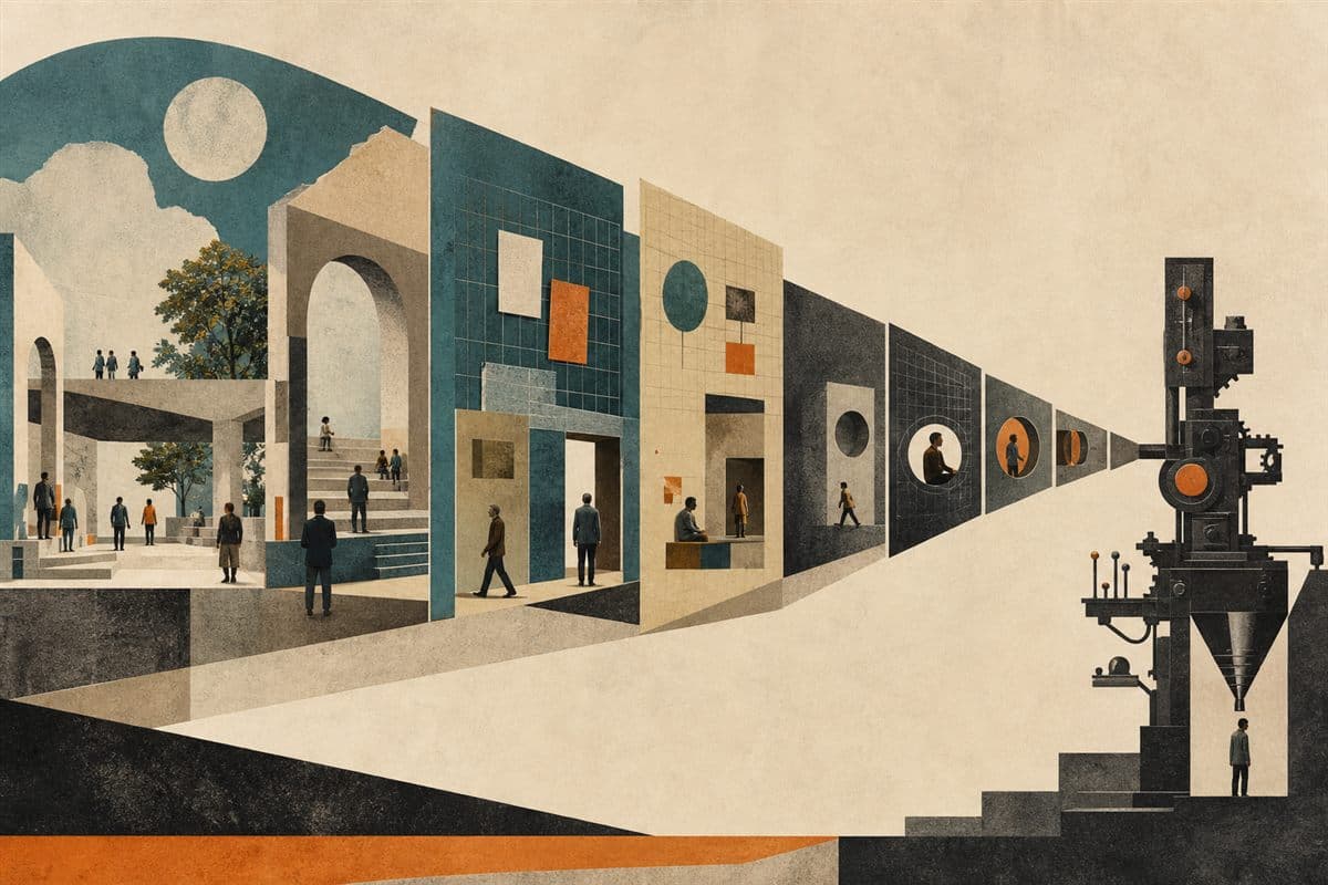 An open public space narrowing into a precision machine